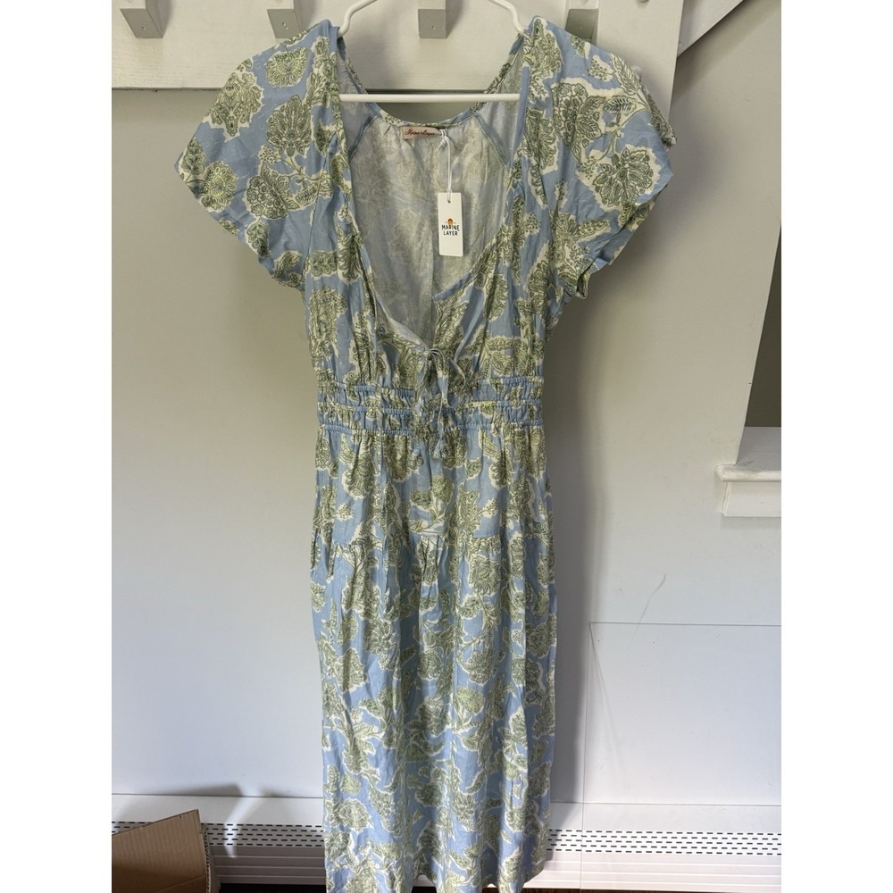 Marine Layer Skye Midi Dress Blue Green‎ Floral V-Neck Smocked Tie S